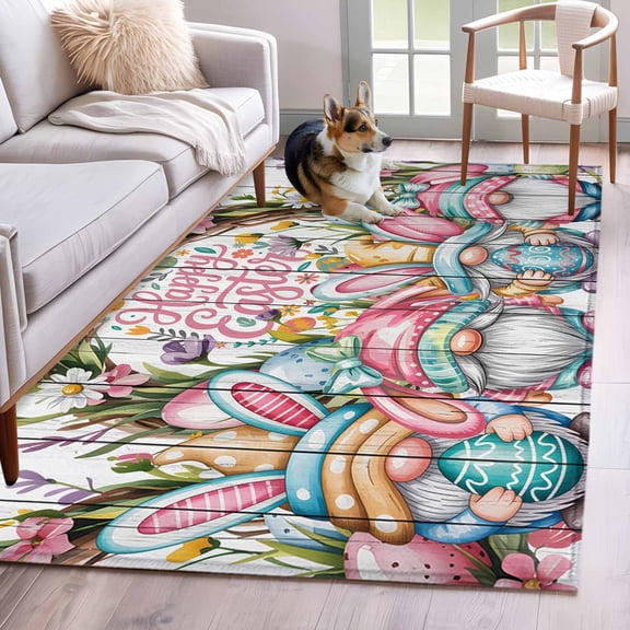 3'x5' Rug for Living Room Bedroom, Easter Gnomes Washable Area Rugs Non-Slip Carpet Mats, Pink Blue Eggs Spring Flowers Branches Wooden Indoor Low Pile Area Rug Runner for Kitchen, Mudroom