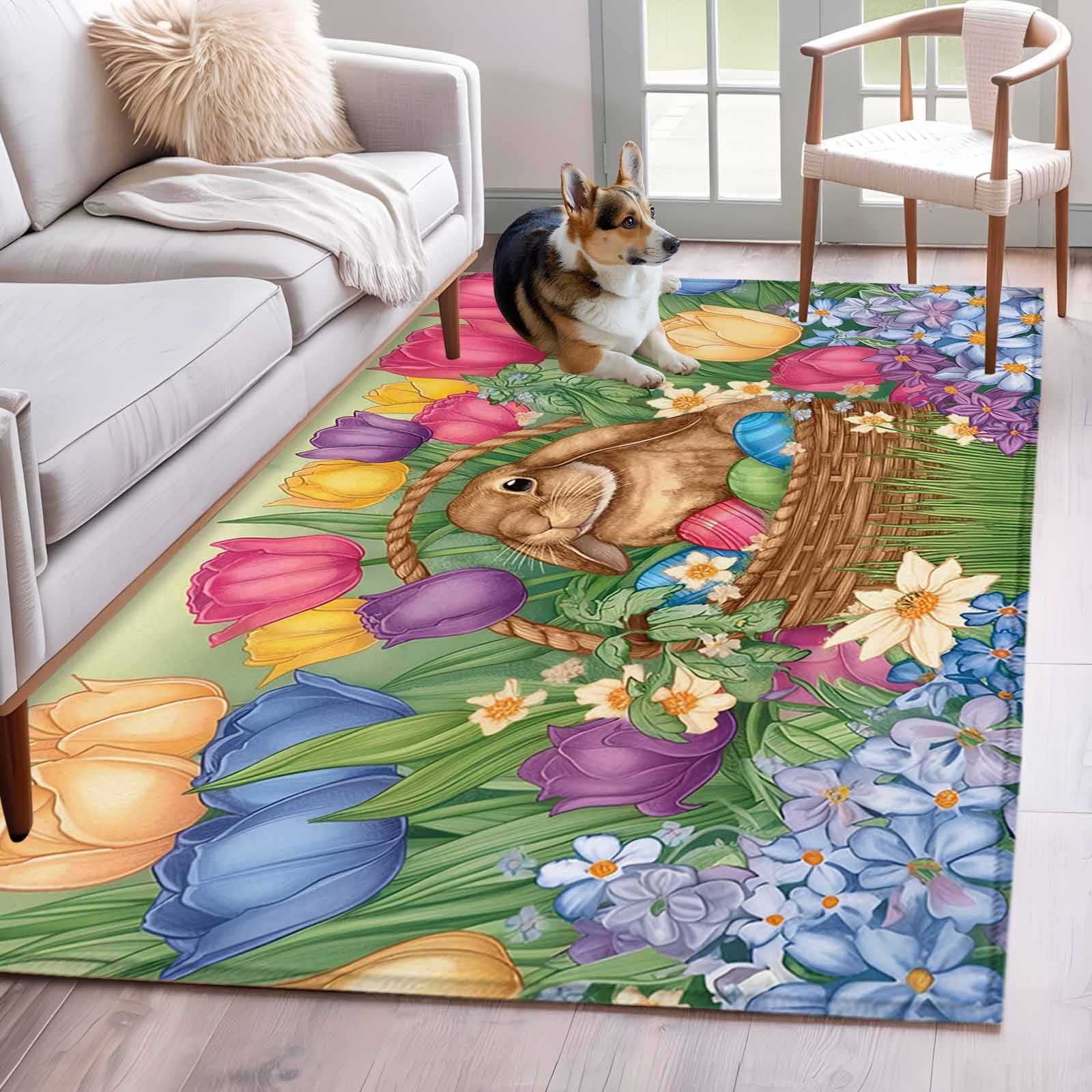 Easter Colors Rag Rug 3'x5' Rug for Living Room Bedroom, Easter Rabbit Eggs Washable Area ...