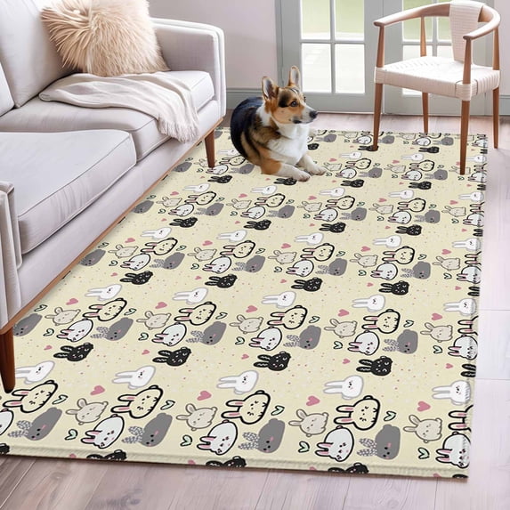 3'x5' Rug for Living Room Bedroom, Easter Rabbit Washable Area Rugs Non-Slip Carpet Mats, Cartoon Cute Bunny Sketch on Yellow Indoor Low Pile Area Rug Runner for Kitchen, Mudroom