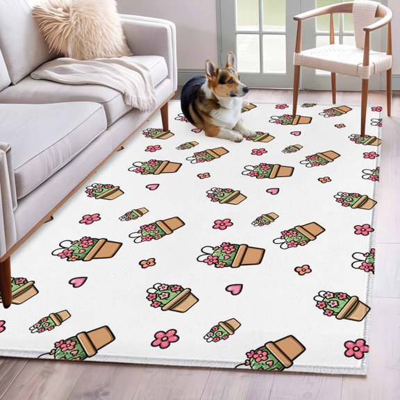 3'x5' Rug for Living Room Bedroom, Easter Rabbits Ears Washable Area Rugs Non-Slip Carpet Mats, Spring Cactus Potted Plant Flowers Indoor Low Pile Area Rug Runner for Kitchen, Mudroom