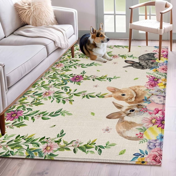 3'x5' Rug for Living Room Bedroom, Easter Rabbits Washable Area Rugs Non-Slip Carpet Mats, Cute Bunny Eggs Flowers Botanical Spring Beige Indoor Low Pile Area Rug Runner for Kitchen, Mudroom