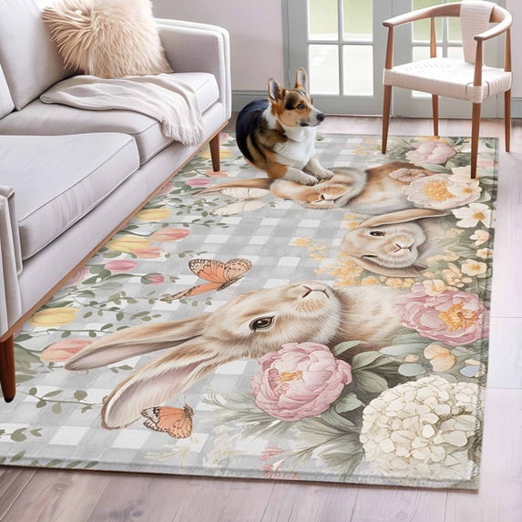 3'x5' Rug for Living Room Bedroom, Easter Rabbits Washable Area Rugs Non-Slip Carpet Mats, Spring Floral Butterfly Animal Gray Plaid Indoor Low Pile Area Rug Runner for Kitchen, Mudroom