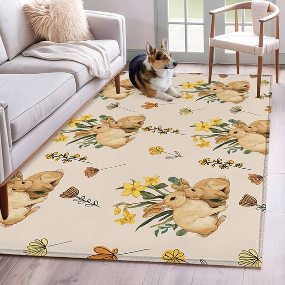 3'x5' Rug for Living Room Bedroom, Easter Rabbits Washable Area Rugs Non-Slip Carpet Mats, Spring Yellow Flowers Country Plants Vintage Indoor Low Pile Area Rug Runner for Kitchen, Mudroom