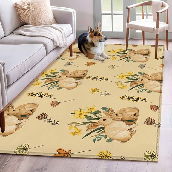 3'x5' Rug for Living Room Bedroom, Easter Rabbits Washable Area Rugs Non-Slip Carpet Mats, Spring Yellow Flowers Country Plants Yellow Indoor Low Pile Area Rug Runner for Kitchen, Mudroom