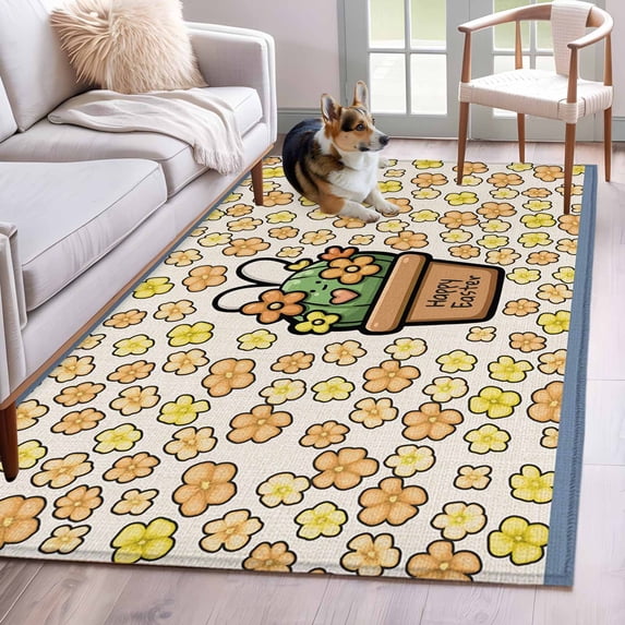 3'x5' Rug for Living Room Bedroom, Easter Washable Area Rugs Non-Slip Carpet Mats, Bunny Ears Spring Yellow Flowers Potted Plant Rustic Indoor Low Pile Area Rug Runner for Kitchen, Mudroom