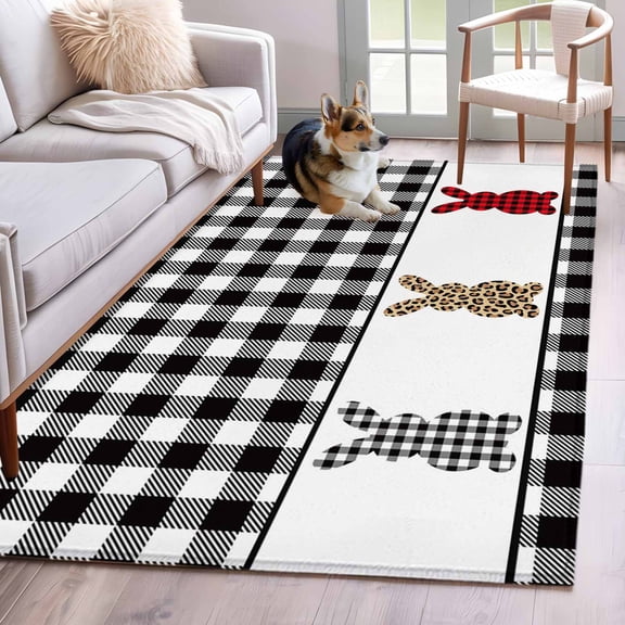3'x5' Rug for Living Room Bedroom, Easter Washable Area Rugs Non-Slip Carpet Mats, Cartoon Leopard Print Buffalo Plaid Rabbits Indoor Low Pile Area Rug Runner for Kitchen, Mudroom