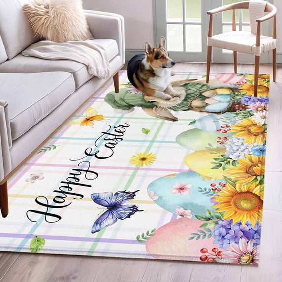 3'x5' Rug for Living Room Bedroom, Easter Washable Area Rugs Non-Slip Carpet Mats, Cute Rabbits Eggs Floral Butterflies Colorful Plaid Indoor Low Pile Area Rug Runner for Kitchen, Mudroom