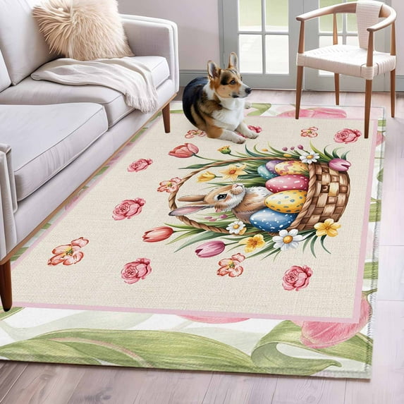 3'x5' Rug for Living Room Bedroom, Easter Washable Area Rugs Non-Slip Carpet Mats, Retro Spring Bunny Colorful Eggs Flowers Leaves Indoor Low Pile Area Rug Runner for Kitchen, Mudroom