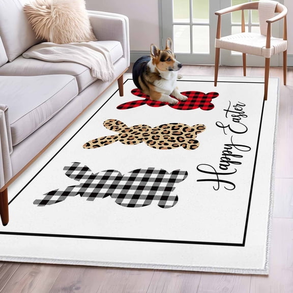 3'x5' Rug for Living Room Bedroom, Easter Washable Area Rugs Non-Slip Carpet Mats, Simple Leopard Print Buffalo Plaid Rabbits Bunny Indoor Low Pile Area Rug Runner for Kitchen, Mudroom