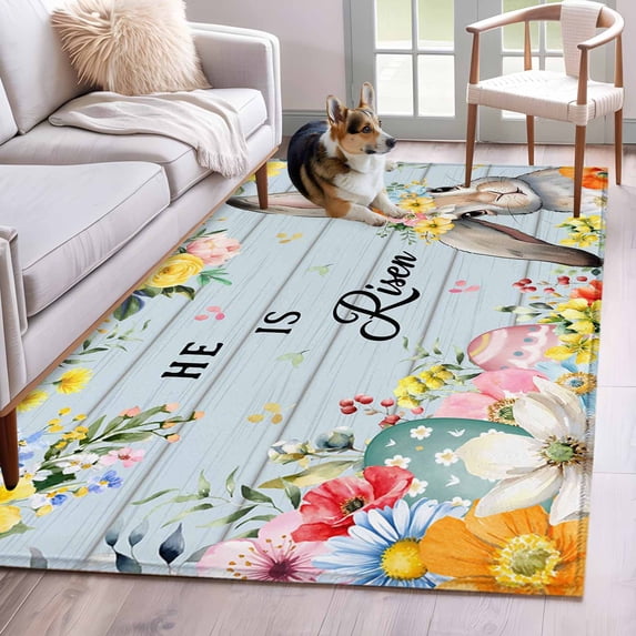 3'x5' Rug for Living Room Bedroom, Easter Washable Area Rugs Non-Slip Carpet Mats, Spring Farmhouse Bunny Flower Blue Wood Grain Indoor Low Pile Area Rug Runner for Kitchen, Mudroom
