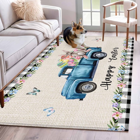 3'x5' Rug for Living Room Bedroom, Easter Washable Area Rugs Non-Slip Carpet Mats, Spring Farmhouse Truck Rabbit Eggs Floral Plaid Indoor Low Pile Area Rug Runner for Kitchen, Mudroom