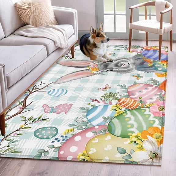 3'x5' Rug for Living Room Bedroom, Easter Washable Area Rugs Non-Slip Carpet Mats, Spring Rabbit Colorful Eggs Tree Blue White Plaid Indoor Low Pile Area Rug Runner for Kitchen, Mudroom
