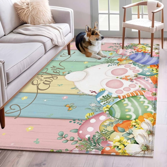 3'x5' Rug for Living Room Bedroom, Easter Washable Area Rugs Non-Slip Carpet Mats, Spring Rabbit Ears Foot Eggs Floral Wooden Grain Indoor Low Pile Area Rug Runner for Kitchen, Mudroom