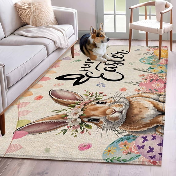3'x5' Rug for Living Room Bedroom, Easter Washable Area Rugs Non-Slip Carpet Mats, Spring Rabbit Eggs Roses Colorful Flags Leaves Indoor Low Pile Area Rug Runner for Kitchen, Mudroom