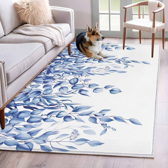 3'x5' Rug for Living Room Bedroom, Eucalyptus Leaves Washable Area Rugs Non-Slip Carpet Mats, Navy Blue Summer Botanical Weeping Indoor Low Pile Area Rug Runner for Kitchen, Mudroom