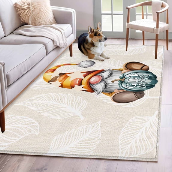 3'x5' Rug for Living Room Bedroom, Fall Pumpkins Washable Area Rugs Non-Slip Carpet Mats, Thanksgiving Gnomes Maple Leaf on Linen Indoor Low Pile Area Rug Runner for Kitchen, Mudroom