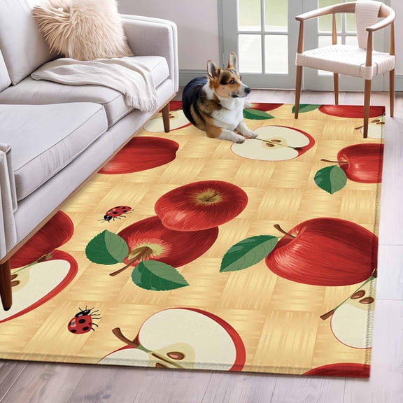 3'x5' Rug for Living Room Bedroom, Farmhouse Apples Washable Area Rugs Non-Slip Carpet Mats, Country Tropical Fruits Watercolor Indoor Low Pile Area Rug Runner for Kitchen, Mudroom
