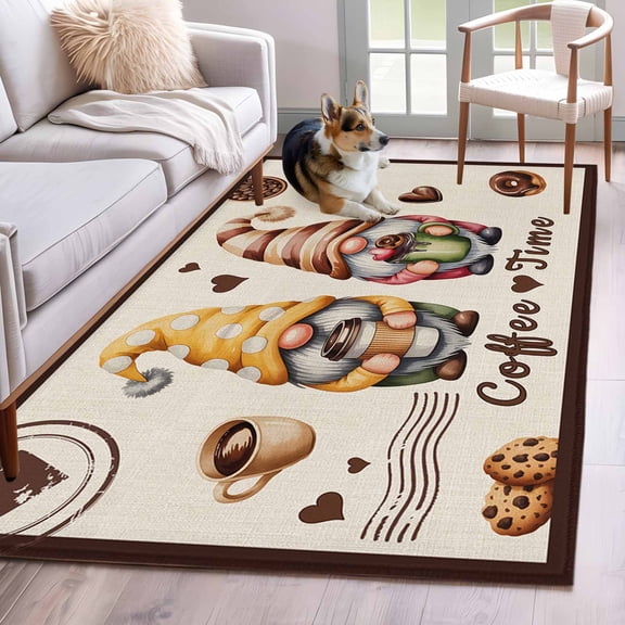 3'x5' Rug for Living Room Bedroom, Farmhouse Coffee Time Washable Area Rugs Non-Slip Carpet Mats, Vintage Gnomes DessertsBeige Burlap Indoor Low Pile Area Rug Runner for Kitchen, Mudroom