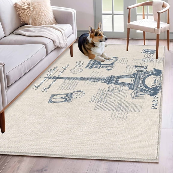 3'x5' Rug for Living Room Bedroom, France Towers Washable Area Rugs Non-Slip Carpet Mats, Retro Hand-Painted Seal Architectural Art Indoor Low Pile Area Rug Runner for Kitchen, Mudroom