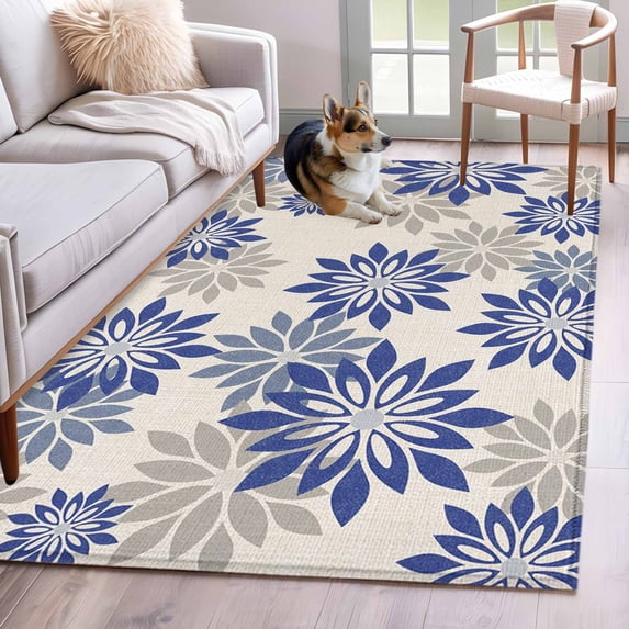 3'x5' Rug for Living Room Bedroom, Geometric Flower Washable Area Rugs Non-Slip Carpet Mats, Vintage Country Floral Blue Grey on Linen Indoor Low Pile Area Rug Runner for Kitchen, Mudroom
