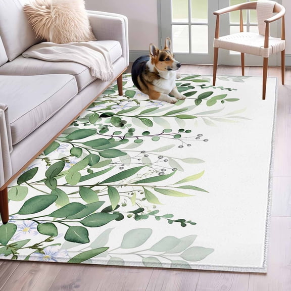3'x5' Rug for Living Room Bedroom, Green Leaves Washable Area Rugs Non-Slip Carpet Mats, Summer Botanical Indoor Low Pile Area Rug Runner for Kitchen, Mudroom