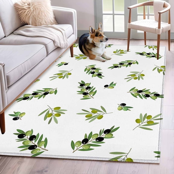 3'x5' Rug for Living Room Bedroom, Green Olive Branches Washable Area Rugs Non-Slip Carpet Mats, Spring Pastoral Leaves Botanical Indoor Low Pile Area Rug Runner for Kitchen, Mudroom