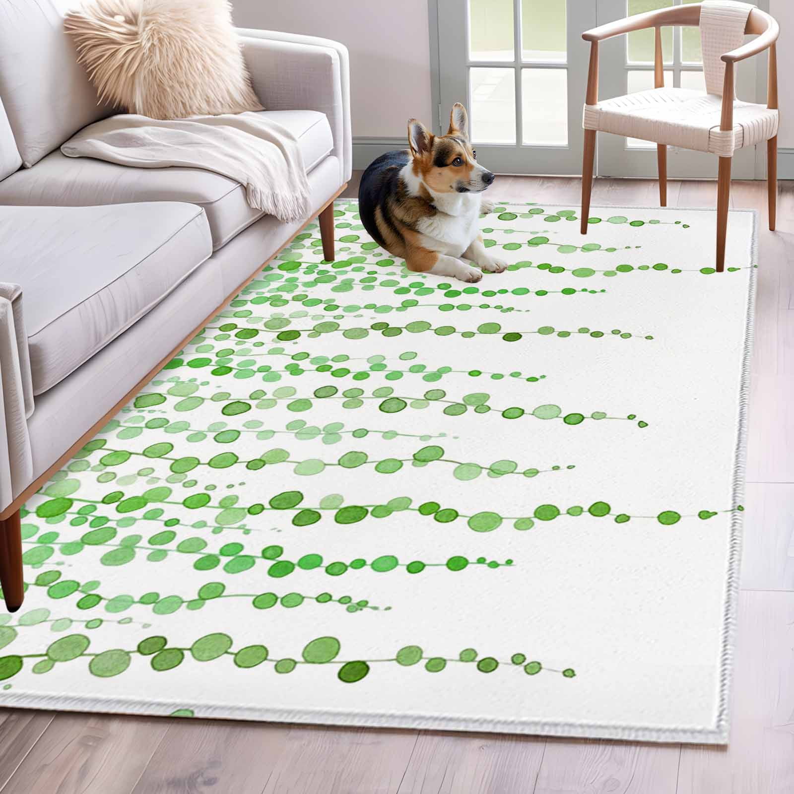 3'x5' Rug for Living Room Bedroom, Green Polka Dots Washable Area Rugs Non-Slip Carpet Mats, Vintage Abstract Art Watercolor Indoor Low Pile Area Rug Runner for Kitchen, Mudroom