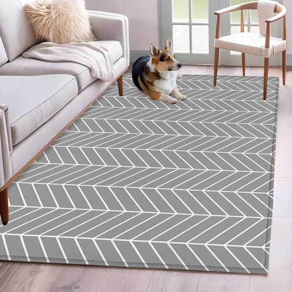 3'x5' Rug for Living Room Bedroom, Grey Geometric Washable Area Rugs Non-Slip Carpet Mats, Modern Pure Color Abstract Striped Indoor Low Pile Area Rug Runner for Kitchen, Mudroom