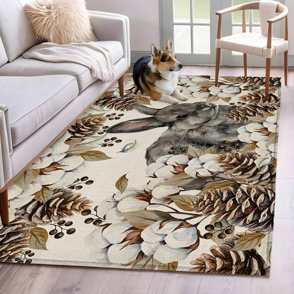 3'x5' Rug for Living Room Bedroom, Grey Rabbits Washable Area Rugs Non-Slip Carpet Mats, Pine Cones Brown Plants Rustic Leaves Vintage Indoor Low Pile Area Rug Runner for Kitchen, Mudroom