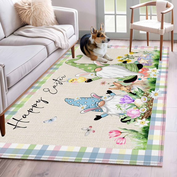 3'x5' Rug for Living Room Bedroom, Happy Easter Washable Area Rugs Non-Slip Carpet Mats, Green Blue Gnomes Bunny Flowers Striped Indoor Low Pile Area Rug Runner for Kitchen, Mudroom
