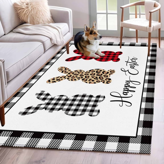 3'x5' Rug for Living Room Bedroom, Happy Easter Washable Area Rugs Non-Slip Carpet Mats, Red Black Buffalo Plaid Leopard Print Rabbit Indoor Low Pile Area Rug Runner for Kitchen, Mudroom