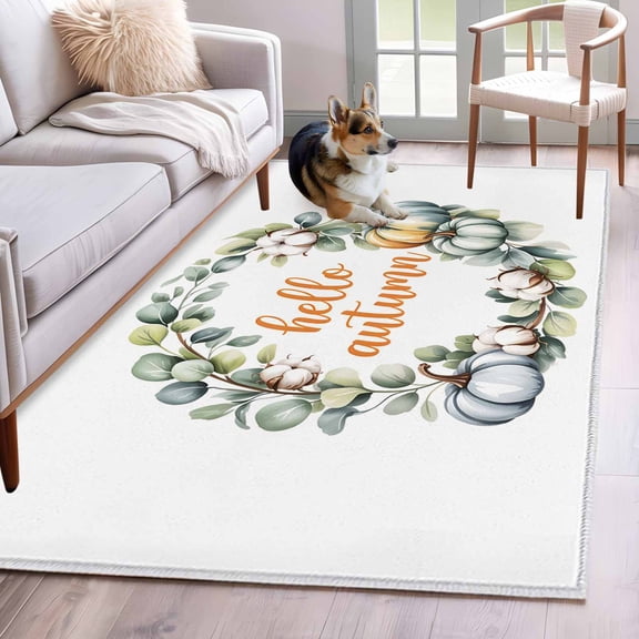 3'x5' Rug for Living Room Bedroom, Hello Autumn Washable Area Rugs Non-Slip Carpet Mats, Thanksgiving Pumpkins Eucalyptus Wreath Indoor Low Pile Area Rug Runner for Kitchen, Mudroom