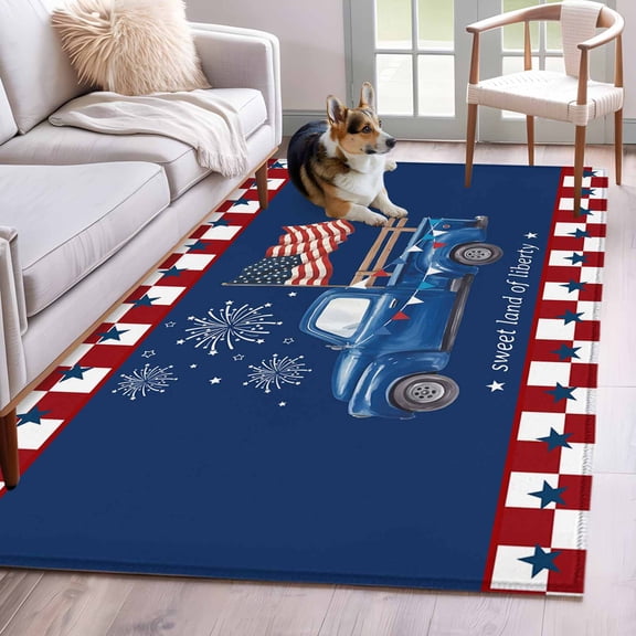3'x5' Rug for Living Room Bedroom, Independence Day Washable Area Rugs Non-Slip Carpet Mats, Blue Truck Star Usa Flag Red White Plaid Indoor Low Pile Area Rug Runner for Kitchen, Mudroom