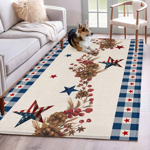 3'x5' Rug for Living Room Bedroom, Independence Day Washable Area Rugs Non-Slip Carpet Mats, Red Blue Stars Stripes Flag Wood Plaid Indoor Low Pile Area Rug Runner for Kitchen, Mudroom