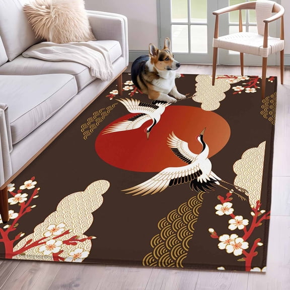 3'x5' Rug for Living Room Bedroom, Japanese Style Washable Area Rugs Non-Slip Carpet Mats, Modern Cranes Cherry Flower Wave Brown Indoor Low Pile Area Rug Runner for Kitchen, Mudroom