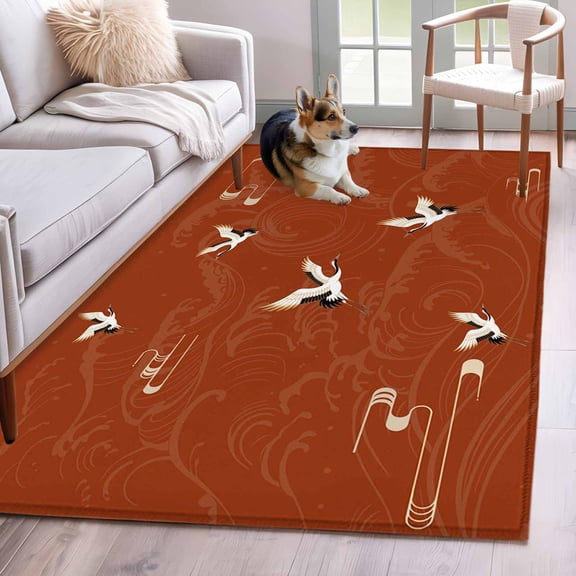 3'x5' Rug for Living Room Bedroom, Japanese Style Washable Area Rugs Non-Slip Carpet Mats, Vintage Art Cranes Ocean Wave Red Indoor Low Pile Area Rug Runner for Kitchen, Mudroom