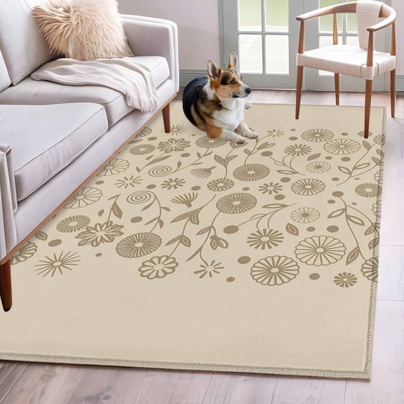 3'x5' Rug for Living Room Bedroom, Japanese Washable Area Rugs Non-Slip Carpet Mats, Beige Farmhouse Retro Floral Leaf Pattern Indoor Low Pile Area Rug Runner for Kitchen, Mudroom