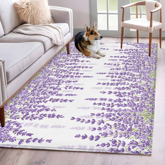 3'x5' Rug for Living Room Bedroom, Lavender Washable Area Rugs Non-Slip Carpet Mats, Spring Botanical Purple Flowers Leaves Plants Indoor Low Pile Area Rug Runner for Kitchen, Mudroom
