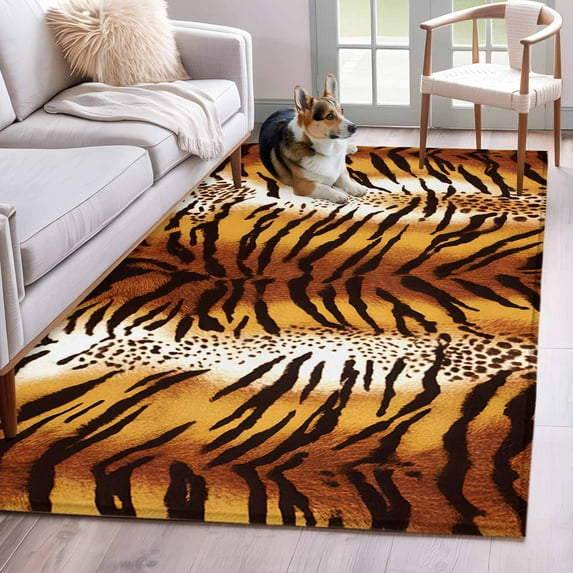 3'x5' Rug for Living Room Bedroom, Leopard Stripes Washable Area Rugs Non-Slip Carpet Mats, Farmhouse Brown Black Animals Texture Indoor Low Pile Area Rug Runner for Kitchen, Mudroom