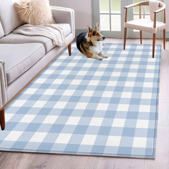 3'x5' Rug for Living Room Bedroom, Light Blue Plaid Washable Area Rugs Non-Slip Carpet Mats, Modern Minimalist Country Indoor Low Pile Area Rug Runner for Kitchen, Mudroom