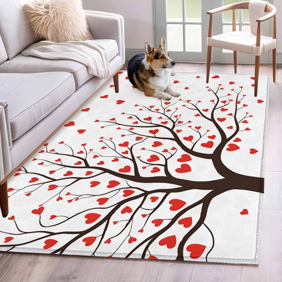3'x5' Rug for Living Room Bedroom, Love Tree Washable Area Rugs Non-Slip Carpet Mats, Valentine's Day Red Heart Modern Minimalist Indoor Low Pile Area Rug Runner for Kitchen, Mudroom