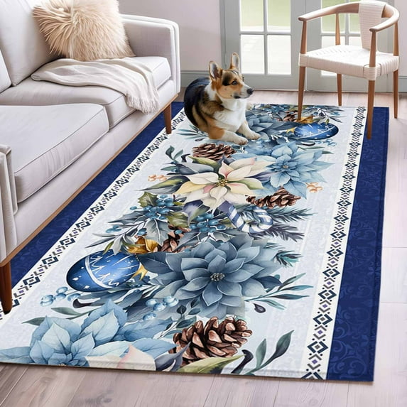 3'x5' Rug for Living Room Bedroom, Navy Blue Christmas Washable Area Rugs Non-Slip Carpet Mats, Poinsettia Xmas Ball Berry Winter Indoor Low Pile Area Rug Runner for Kitchen, Mudroom