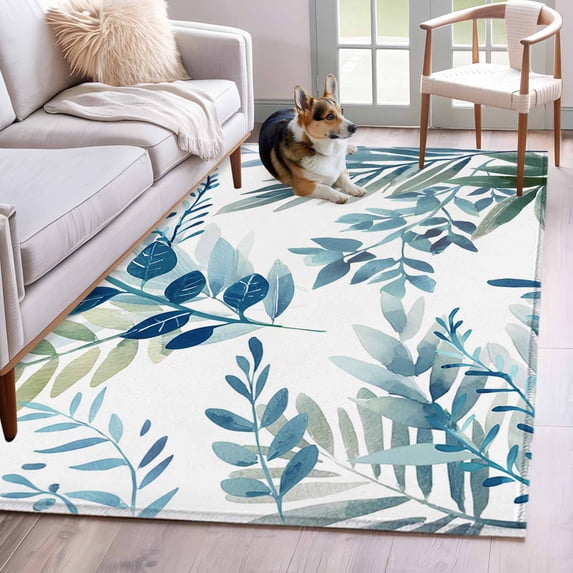 3'x5' Rug for Living Room Bedroom, Navy Blue Leaves Washable Area Rugs Non-Slip Carpet Mats, Summer Botanical Farmhouse Watercolor Leaf Indoor Low Pile Area Rug Runner for Kitchen, Mudroom