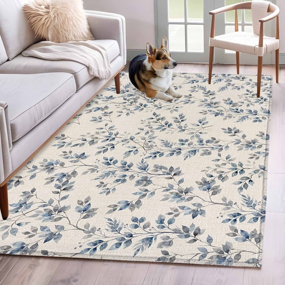 3'x5' Rug for Living Room Bedroom, Navy Blue Leaves Washable Area Rugs Non-Slip Carpet Mats, Vintage Summer Botanical Farmhouse Rustic Indoor Low Pile Area Rug Runner for Kitchen, Mudroom