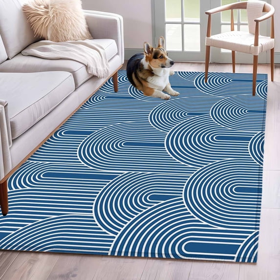 3'x5' Rug for Living Room Bedroom, Navy Blue Ombre Washable Area Rugs Non-Slip Carpet Mats, Farmhouse Stripes Modern Abstract Art Indoor Low Pile Area Rug Runner for Kitchen, Mudroom