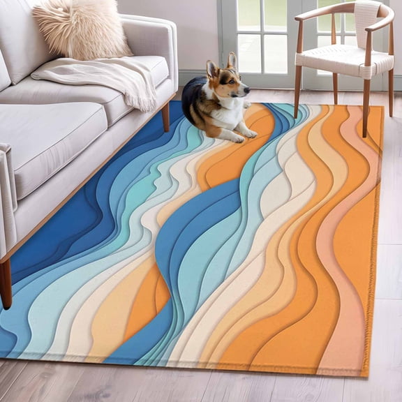 3'x5' Rug for Living Room Bedroom, Orange Blue Ocean Waves Washable Area Rugs Non-Slip Carpet Mats, Summer Beach Coastal Abstract Indoor Low Pile Area Rug Runner for Kitchen, Mudroom
