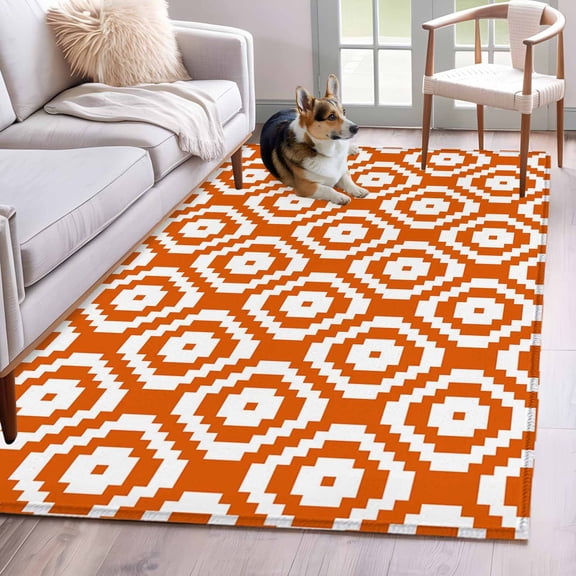3'x5' Rug for Living Room Bedroom, Orange White Geometric Washable Area Rugs Non-Slip Carpet Mats, Modern Abstract Art Indoor Low Pile Area Rug Runner for Kitchen, Mudroom