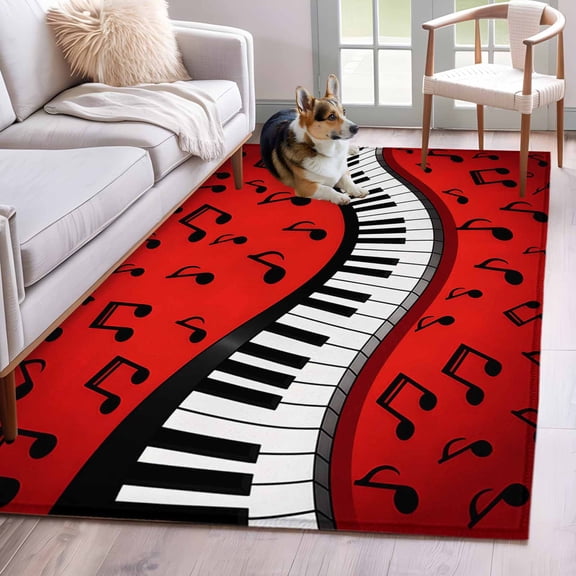3'x5' Rug for Living Room Bedroom, Piano Keyboards Washable Area Rugs Non-Slip Carpet Mats, Musical Notes Vintage Red Indoor Low Pile Area Rug Runner for Kitchen, Mudroom