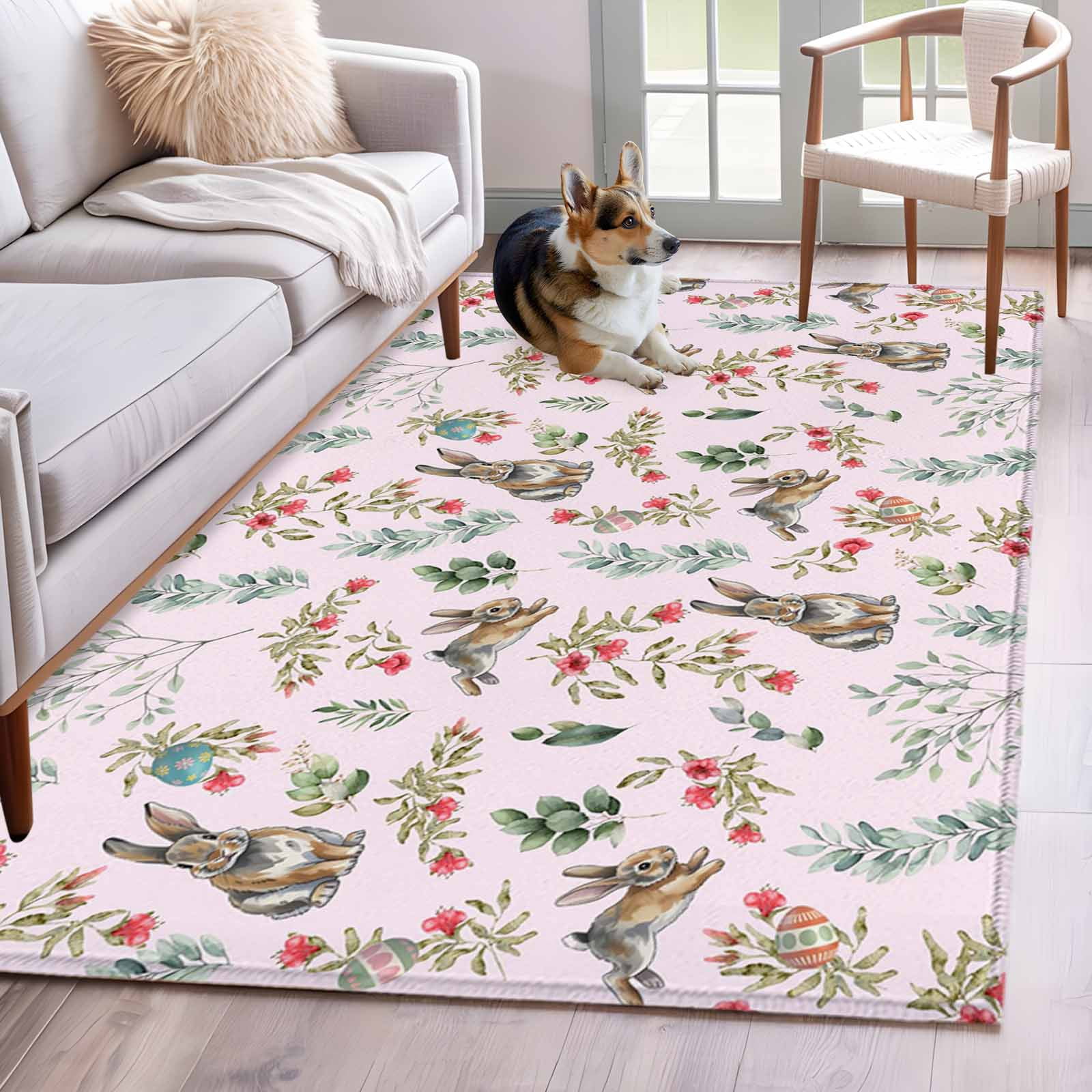 Pink Easter Rug 3'x5' Rug for Living Room Bedroom, Pink Bunny Floral Easter Washable ...