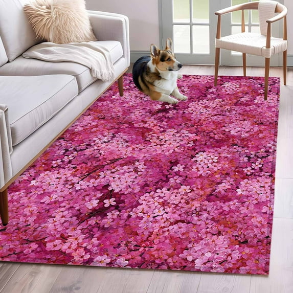 3'x5' Rug for Living Room Bedroom, Pink Cherry Blossom Washable Area Rugs Non-Slip Carpet Mats, Spring Flowers Modern Abstract Art Indoor Low Pile Area Rug Runner for Kitchen, Mudroom